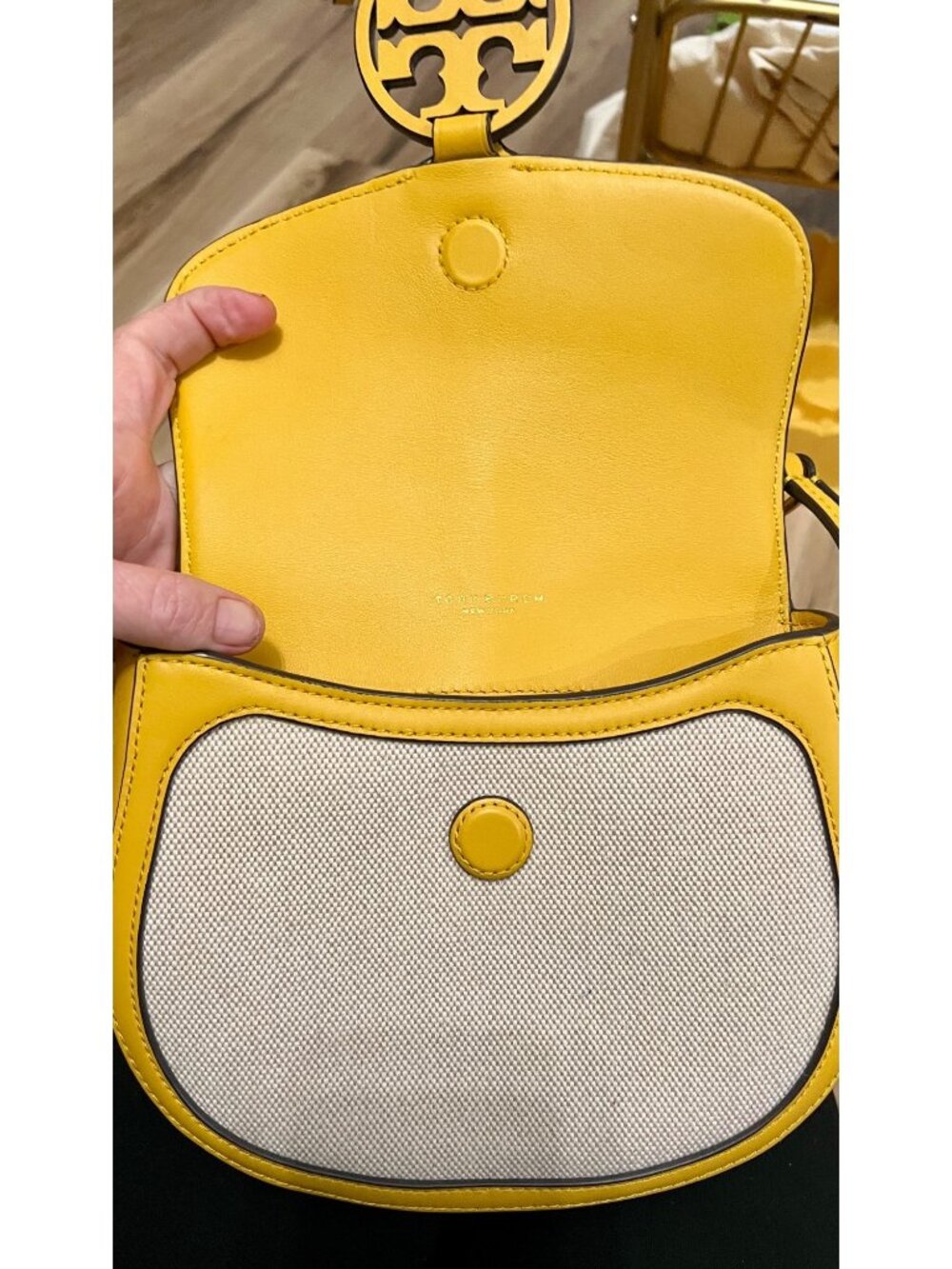 Tory Burch Miller Canvas & Leather Saddle Bag Yellow/Natural Crossbody - Picture 7 of 10